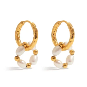 Stainless Steel Hammered Hoop Earrings with Freshwater Pearl Circle Dangle