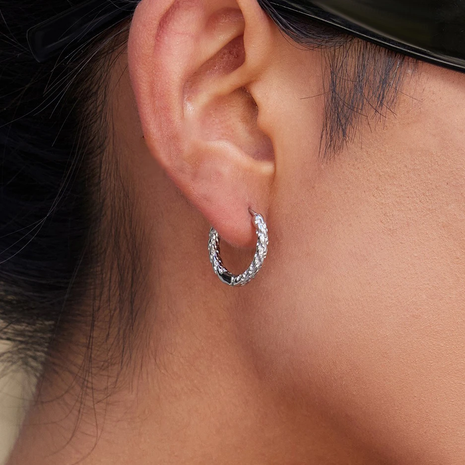 Stainless Steel Minimalist Textured Twisted Huggie Hoop Earrings - Image 2