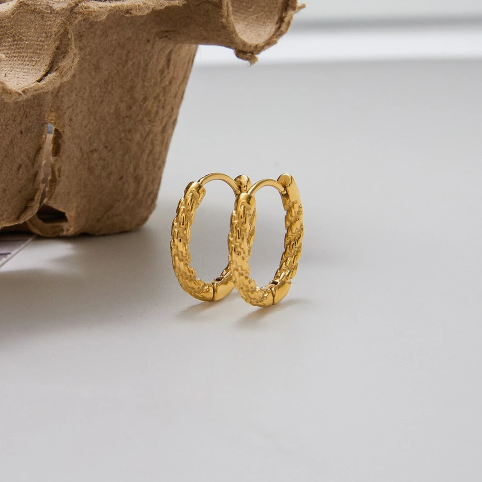 Stainless Steel Minimalist Textured Twisted Huggie Hoop Earrings - Image 3