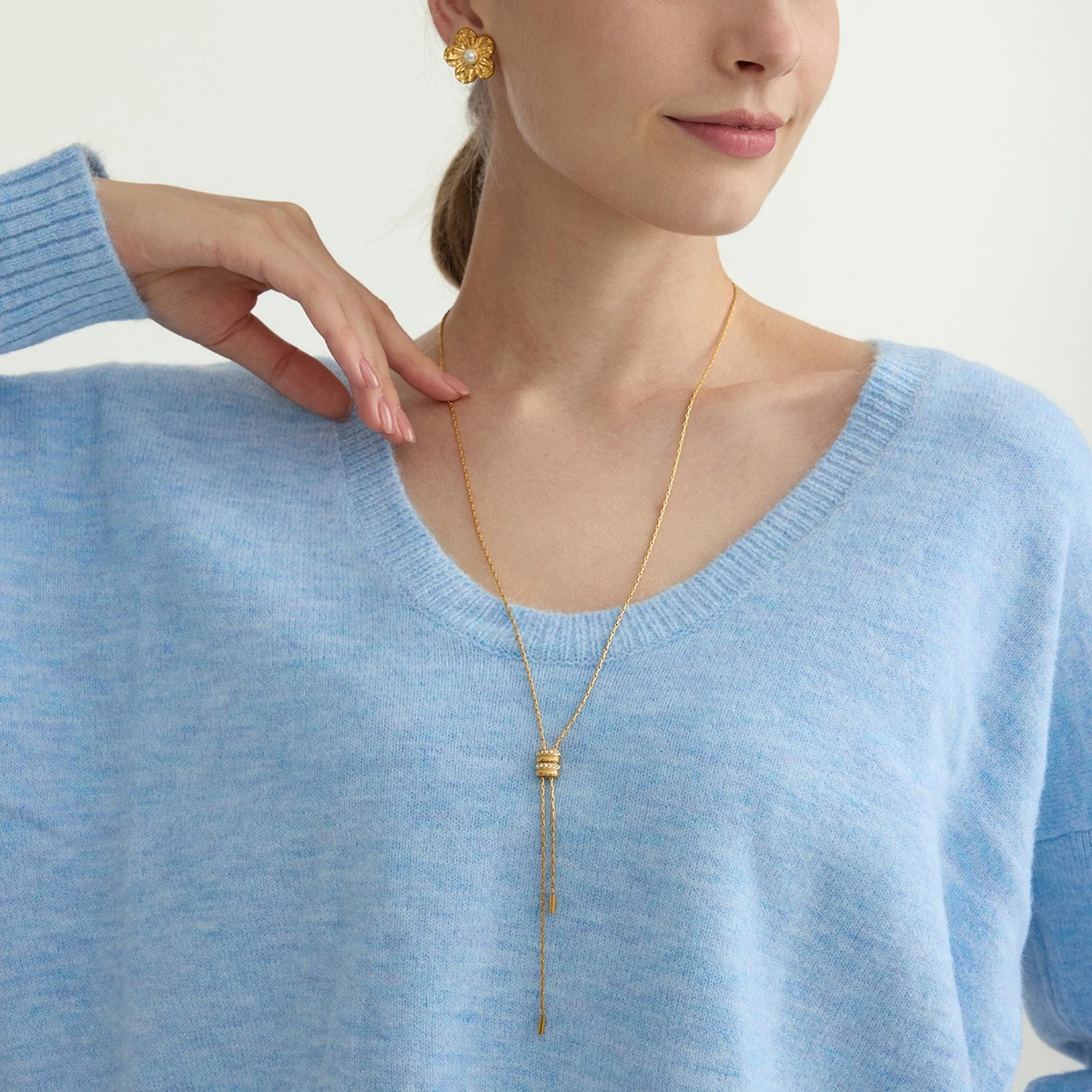 18K Gold PVD Stainless Steel Adjustable Slider Long Lariat Necklace - Image 6